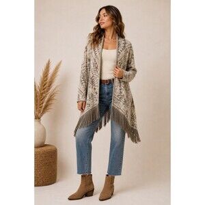 Lucky Brand Cardigan Fringe Tribal Boho Open Front Women’s L
